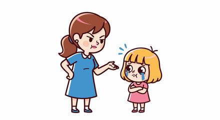 Cartoon depiction of a mother scolding her daughter in an animated scene of family conflict and