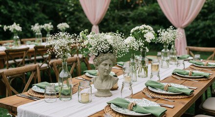 Elegant outdoor table with stone bust centerpiece and white flowers