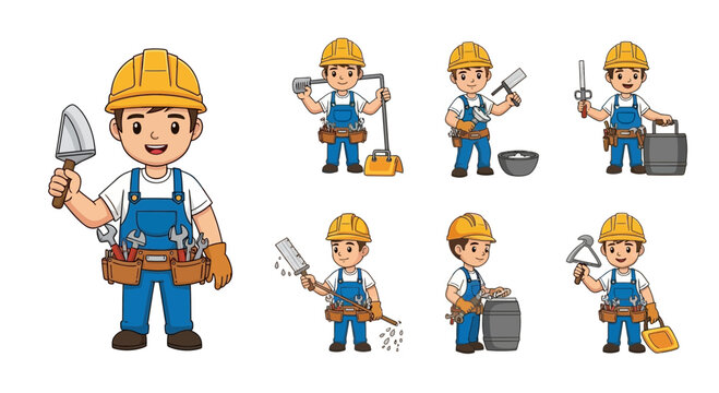 Cartoon Construction Worker Clipart Set with Diverse Tools and Engaging Poses for Graphic Design