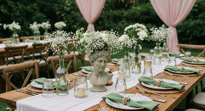Elegant outdoor table with stone bust centerpiece and white flowers - Powered by Adobe