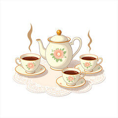 A tea set with steaming cups, saucers, floral motifs and lace tablecloth. 
