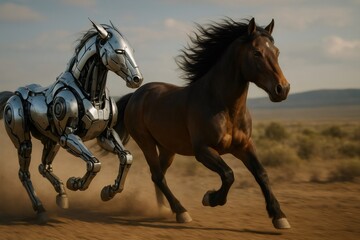 Robotic horse and real horse running side by side in a dusty desert, showcasing the contrast between nature and technology