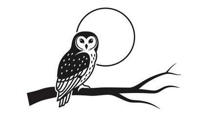Night Owl Perched Silhouette: A serene night scene featuring a majestic owl perched on a branch under the soft glow of a full moon, rendered in a clean, minimalist silhouette style.