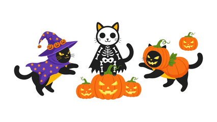 Feline Halloween Festivities: Animated cats celebrate Halloween with costumes and pumpkins, exuding charm and festive spirit in a playful illustration for seasonal fun.