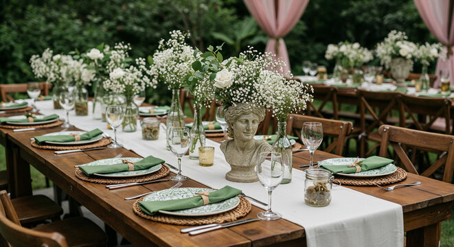 Elegant outdoor table with stone bust centerpiece and white flowers