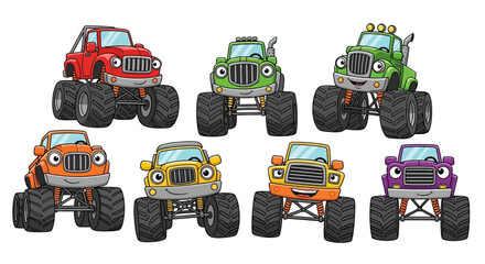 Naklejka premium Colorful and playful monster truck cartoon vehicles with friendly faces for children design