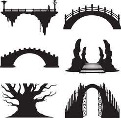Fototapeta premium Black silhouettes of bridges and a tree arch stone