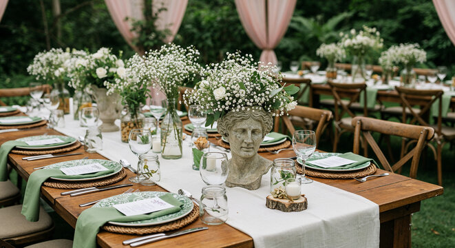 Elegant outdoor table with stone bust centerpiece and white flowers