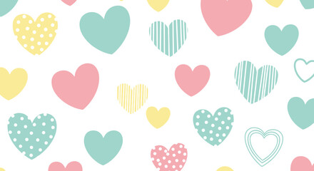 Delightful pastel hearts scattered on a white background creating a cheerful pattern  of love