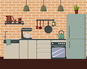 A modern kitchen interior with appliances against a brick wall. A refrigerator, a set of cabinets, and a stove. A mixer, a kettle, and cooking utensils are also on display. Shelves are lined with