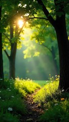 Relaxing summer day, sunbeams filtering through leaves casting dappled shade on the ground Warm, inviting, peaceful nature scene perfect for relaxation and wellness themes , relaxing, trees, plant