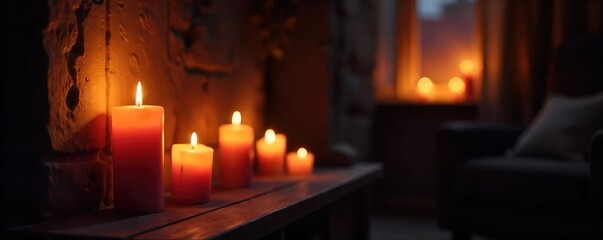 Romantic ambiance created by flickering candlelight illuminating a dark room, casting warm, inviting shadows on the walls Perfect for relaxation, meditation, or a cozy evening , room, close-up