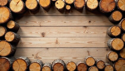 Rustic firewood frame, neatly stacked logs forming a square border, perfect for autumnal or winter themes Ideal for design projects needing a natural, cozy feel , border, background