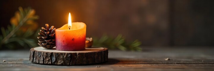 Rustic pinecone candle, natural wood base, warm glowing light Perfect for autumnal, winter, or woodland themed decor Cozy ambiance, handcrafted detail, sustainable materials , warm light, autumn