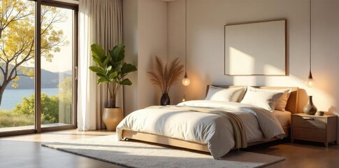 Serene bedroom designed for relaxation and rejuvenation, featuring calming colors, natural light, and comfortable furnishings ideal for a peaceful night's sleep , plants, fresh