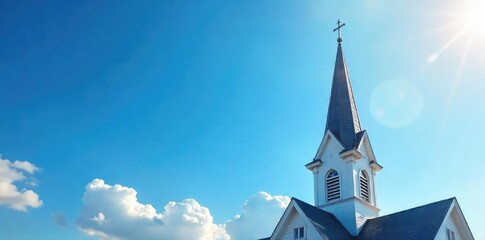 Serene church steeple reaching towards a vibrant blue sky, bathed in sunlight Peaceful, idyllic scene perfect for religious, faith, or spiritual themes , protestant, sun