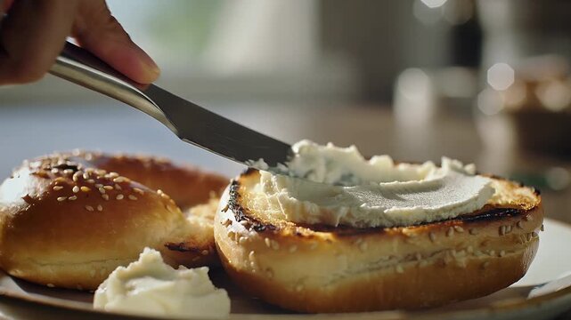 Hand spreading cream cheese on toasted bagel