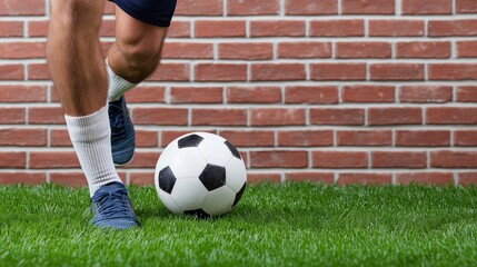 Male teen playing soccer on grass near brick wall