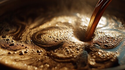 Artistic Greek coffee pour in motion, foam patterns visible, cinematic low-angle shot, golden hour glow1