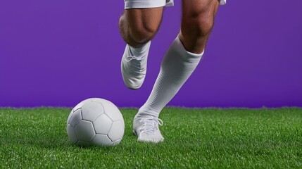 Male teen playing soccer on green field against purple background