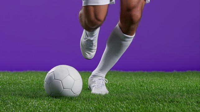 Male teen playing soccer on green field against purple background