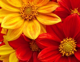 Close-up of vibrant yellow and red dahlia flowers