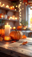 Obraz premium Autumn Arrangement with Pumpkins Candle and Maple Leaves on Wooden Table Indoors with Kitchen Background and Warm Bokeh Lights