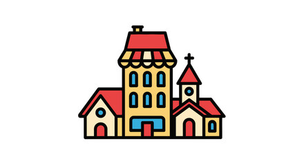 Naklejka premium Whimsical townscape illustration featuring colorful buildings and a charming cartoon style