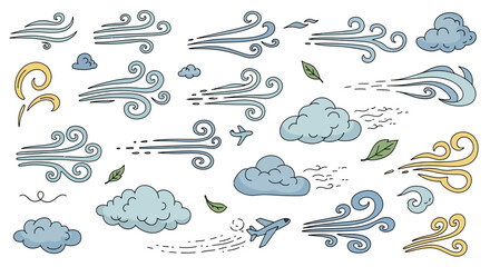 Whimsical weather pattern illustration with wind clouds and airplanes in pastel colors