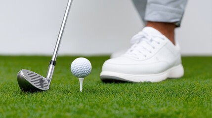 Close-up of golf club and ball on green grass ready for a perfect swing