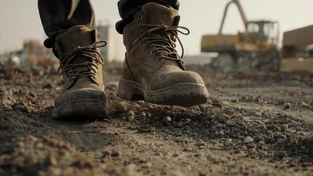 A close-up shot of work boots walking on construction site terrain. The scene captures the grit and dedication of a construction worker