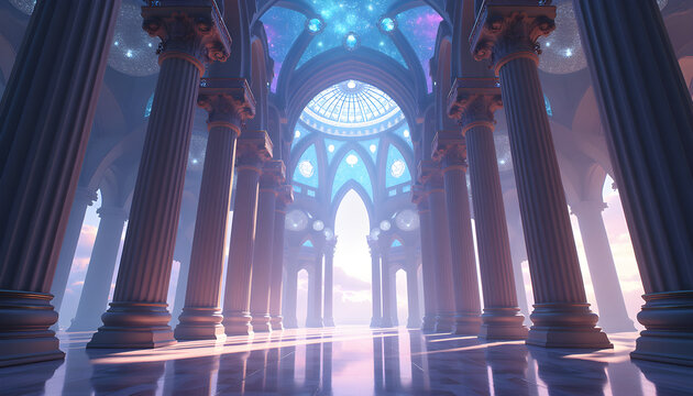 Majestic grand hall with ornate columns and ethereal light beams