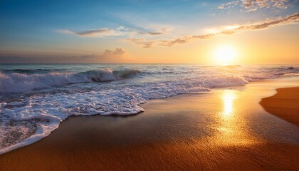 Fototapeta premium Sandy Beach At Sunrise With Ocean Waves