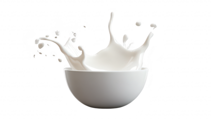 A dynamic splash of fresh milk erupting from a pristine white bowl. set against a clean. transparent background. perfect for culinary or beverage-related imagery