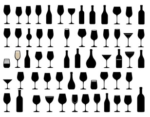 Collection of black silhouette wine glasses and bottles