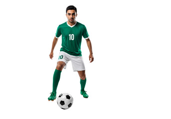 A soccer player with the ball. The player is wearing a green jersey and white shorts. He is standing with his feet ready to kick the ball. transparent background
