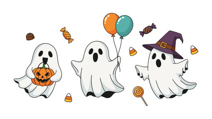 Halloween Ghostly Gathering: Three adorable ghost figures, each with a unique costume and accessory, float playfully amidst sweets and balloons, evoking a sense of festive Halloween spirit.
