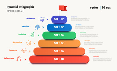 Pyramid infographic template 6 step modern 3d colorful trendy style for logic analysis, presentation, start up project, business strategy, theory basic operation vector 10 eps
