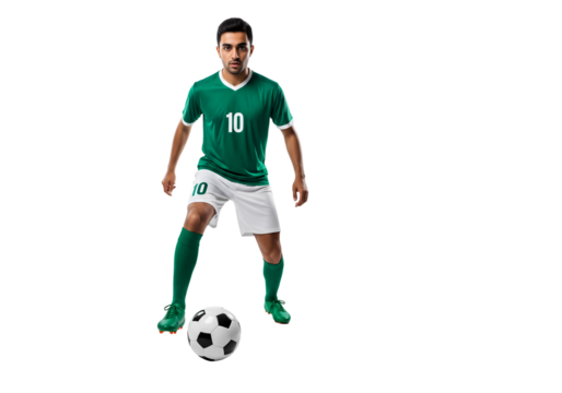 A soccer player with the ball. The player is wearing a green jersey and white shorts. He is standing with his feet ready to kick the ball. transparent background
