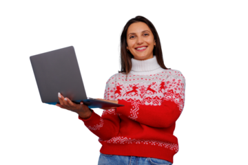 Woman wearing festive christmas sweater holding laptop, smiling for holiday season online shopping deals