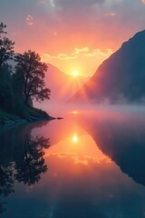 Serene sunrise over a tranquil lake, mist rising, reflecting ethereal light Perfect for meditation, peace, yoga, spirituality themes , mindfulness, ethereal, heavenly