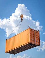 Cargo container lifted by crane against a partly cloudy sky