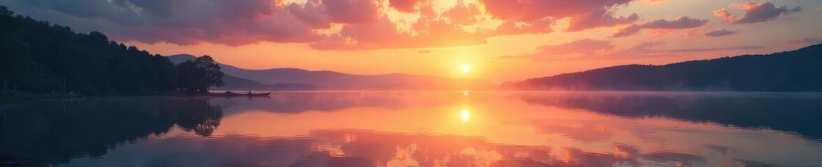 Serene sunrise over a tranquil lake reflecting a peaceful sky, conveying a sense of spiritual awakening and faith , sky, landscape