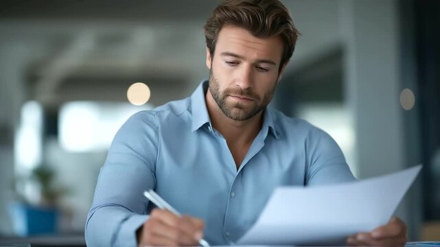 male MBA participant analyzing case study printouts pen tapping faint clock ticking in background focus learning three quarter wide angle cinematic color correction gentle
