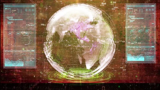 Animated digital globe featuring binary code overlay and world map, depicting advanced programming and global connectivity themes.