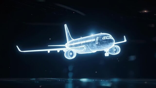 An airliner futuristic wireframe digital illustration. The scene depicts a detailed aircraft design, glowing against a dark backdrop
