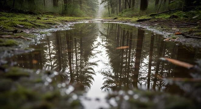 Forest Reflection in Puddle on Hiking Trail, Misty Woods Landscape - Powered by Adobe