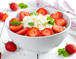 Cottage cheese topped with strawberries and mint