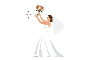 A bride in a white dress throws a colorful flower bouquet with a veil and flower petals in the air