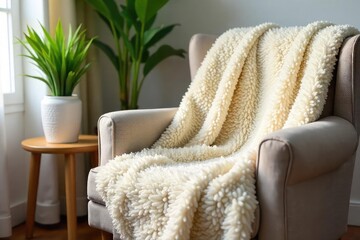 Soft, plush blanket draped over a cozy armchair, radiating warmth and comfort, inviting relaxation and gentle serenity , home decor, comfortable, fibers